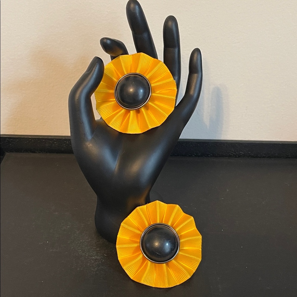 *RARE* Les Bernard Oversized Pleated Yellow Ribbon Sunflower Clip-on Earrings